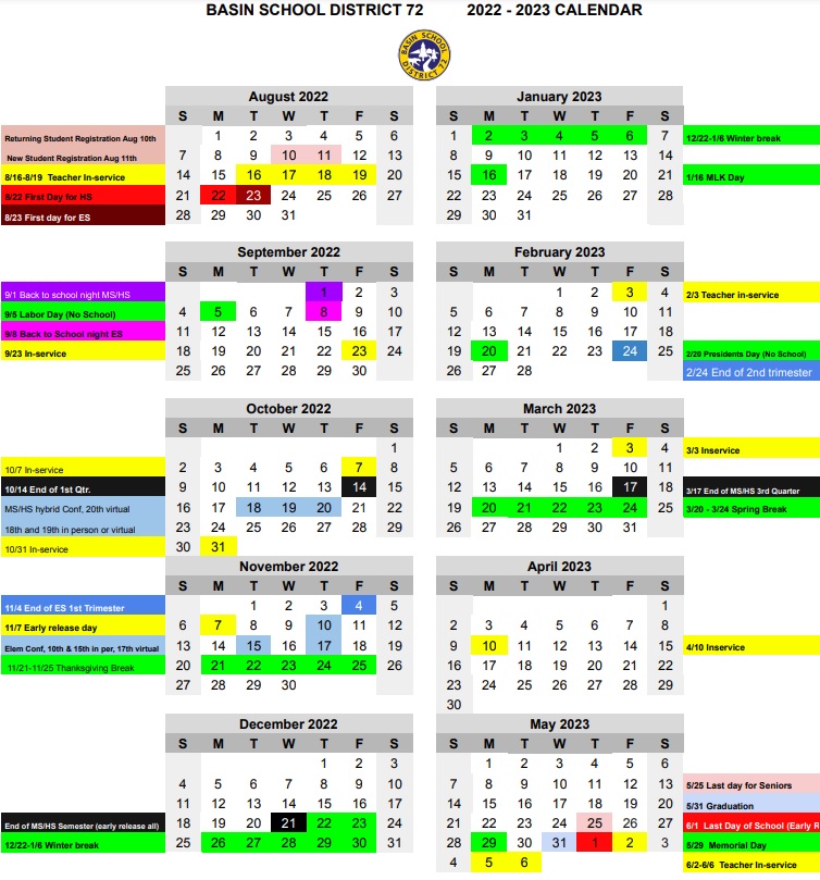 Calendars Basin School District 72