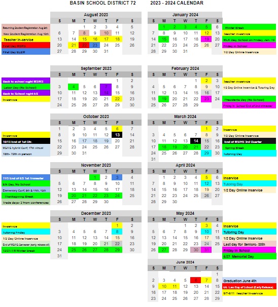 Calendars Basin School District 72